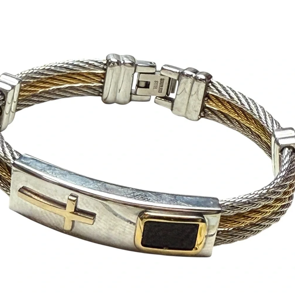 Stainless Steel Two-Tone Cable Cross Bracelet
